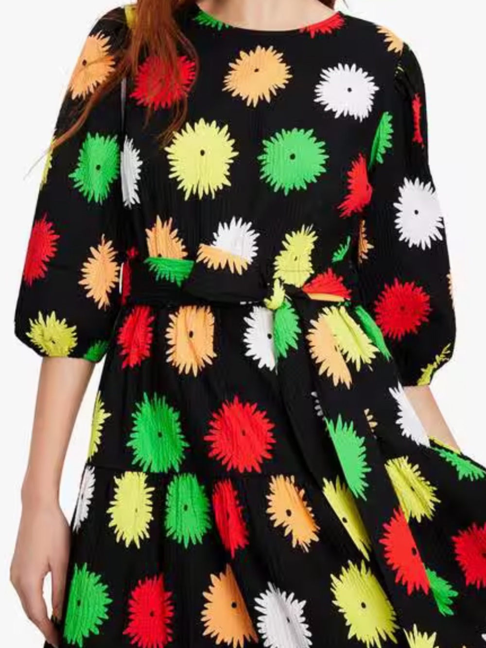 Kate Spade Pom Pom Floral Lawn Midi Dress Black Multi Belted XL